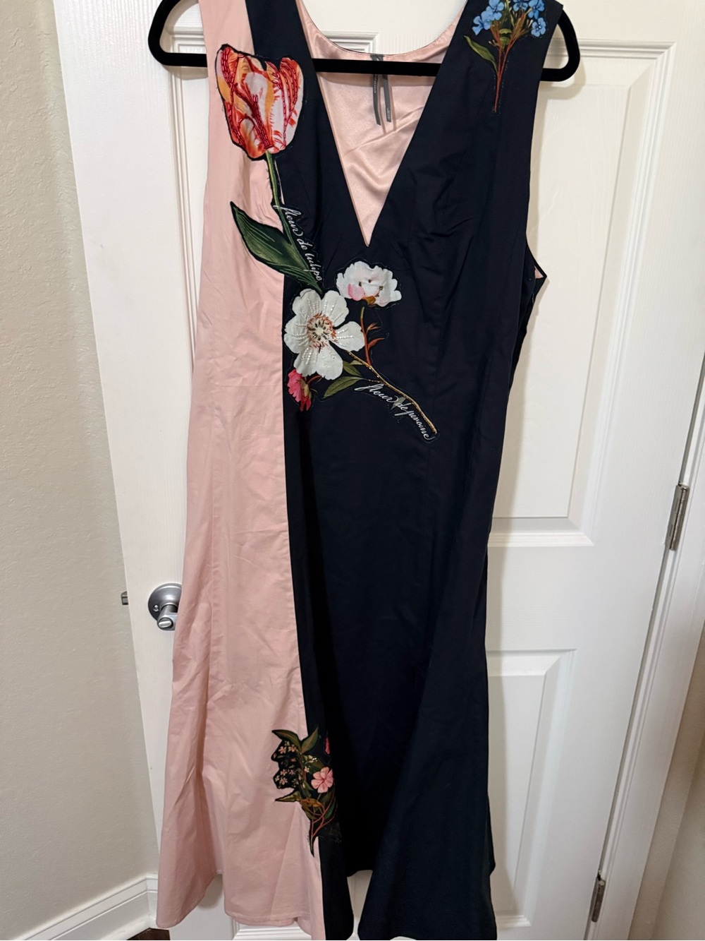 Anthropologie Pink & Navy Floral V-Neck Colorblock Maxi Dress